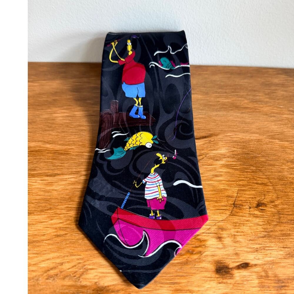 Vintage Hallmark "The Big Catch" Novelty Fishing Tie 90s Cartoon Quirky Retro